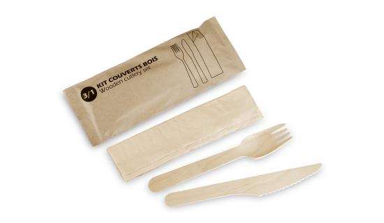 Image de KIT COUVERT BOIS FOURCHETTE+COUTEAU+SERVIETTE L210MM